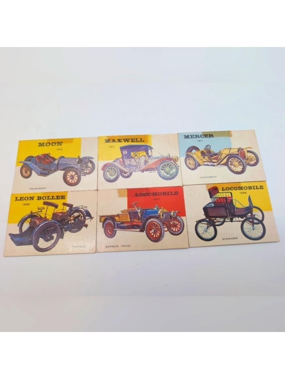 1954 Topps Card Set Of 6 Locomobile, Moon, Maxwell, Mercer, Leon Bollee